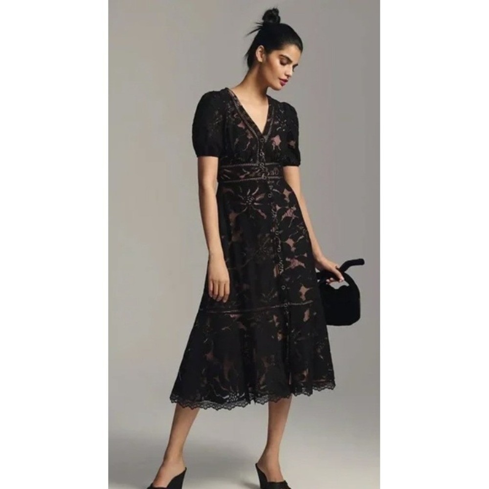 Anthropologie Ophelia Puff Sleeve Elegant Black Lace Dress Midi  V Neck size 6
